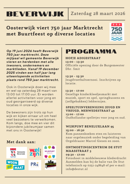 28 maart 2026 | Buurtfeest Oosterwijk Vier samen 750 jaar Beverwijk